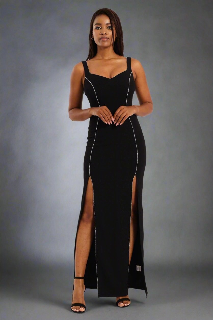 Diamante Trim And Split Detail Maxi Dress - Black Autumn Ready Color Pop