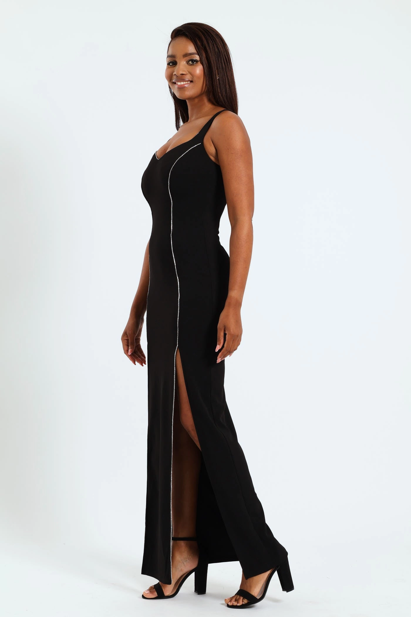 Effortless Layer Wear Diamante Trim And Split Detail Maxi Dress - Black