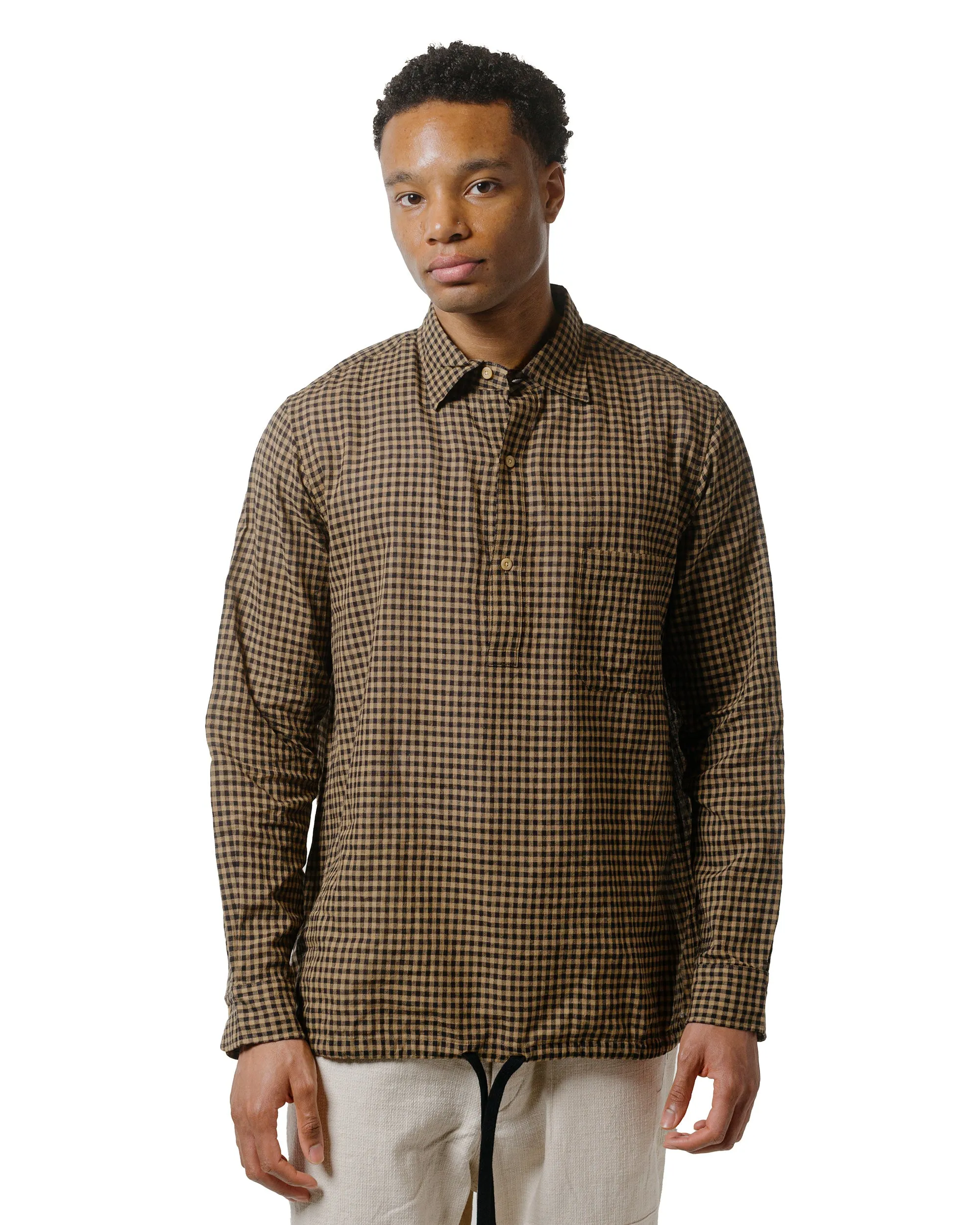 Team Building Compact Fold Design ts(s) Hem String Shirt Darker Gingham Plaid Cotton/Linen Cloth Black/Beige