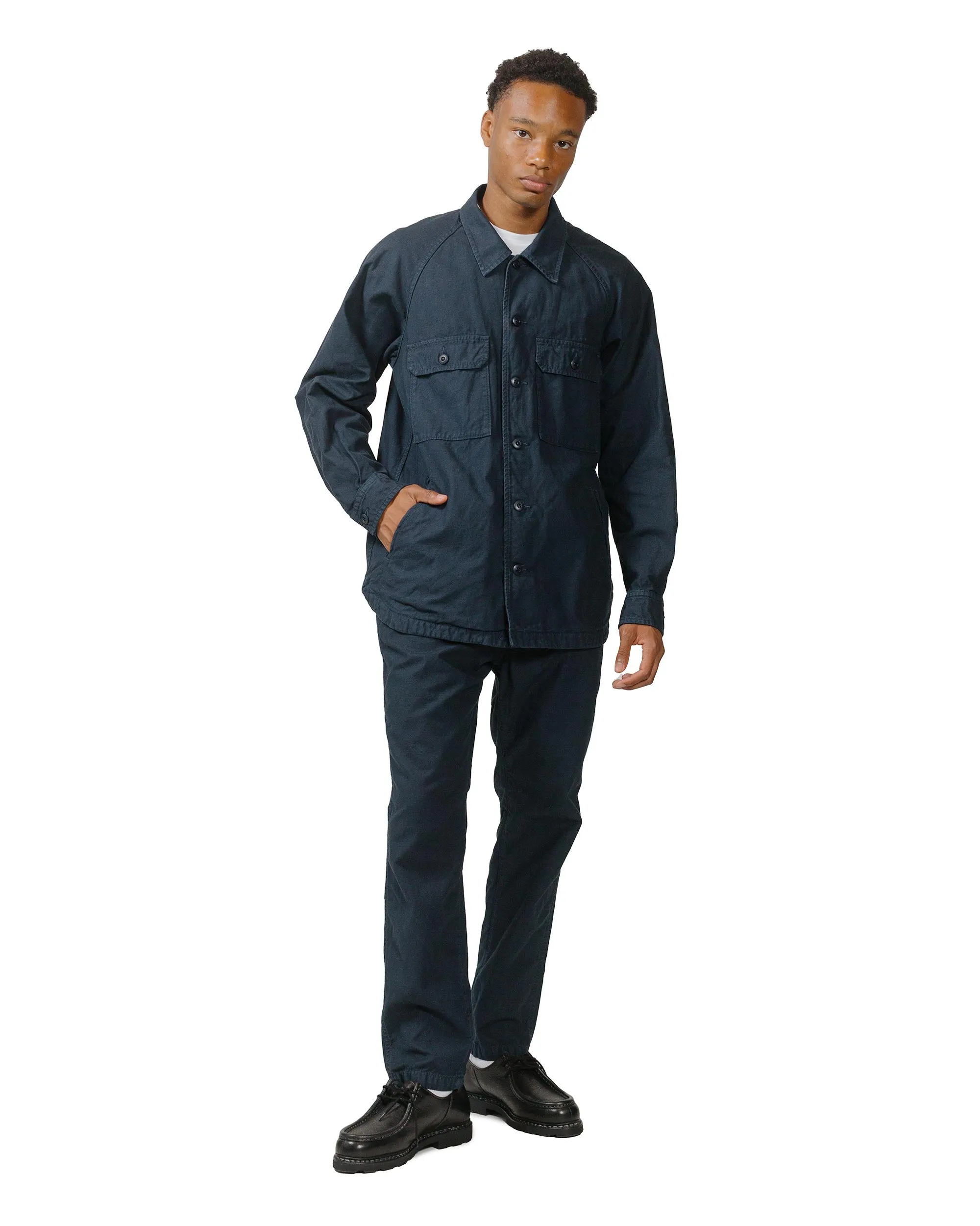 Street Style Relaxed Silhouette Sage de Cret Cotton/Linen Back Satin Shirt Jacket Navy