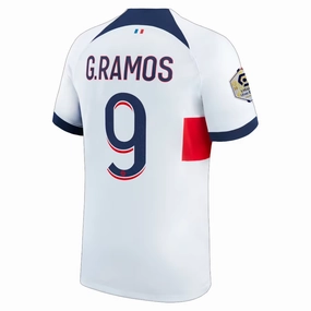 Nike Paris Saint-Germain Goncalo Ramos Away Jersey w/ Ligue 1 Patch 23/24 (White/Midnight Navy) Athletic Form stain resistant coating