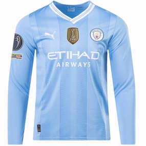 Sustainable Dye Process Puma Manchester City Jack Grealish Home Long Sleeve Jersey w/ Champions League   Club World Cup Patches 23/24 (Team Light Blue/Puma White)