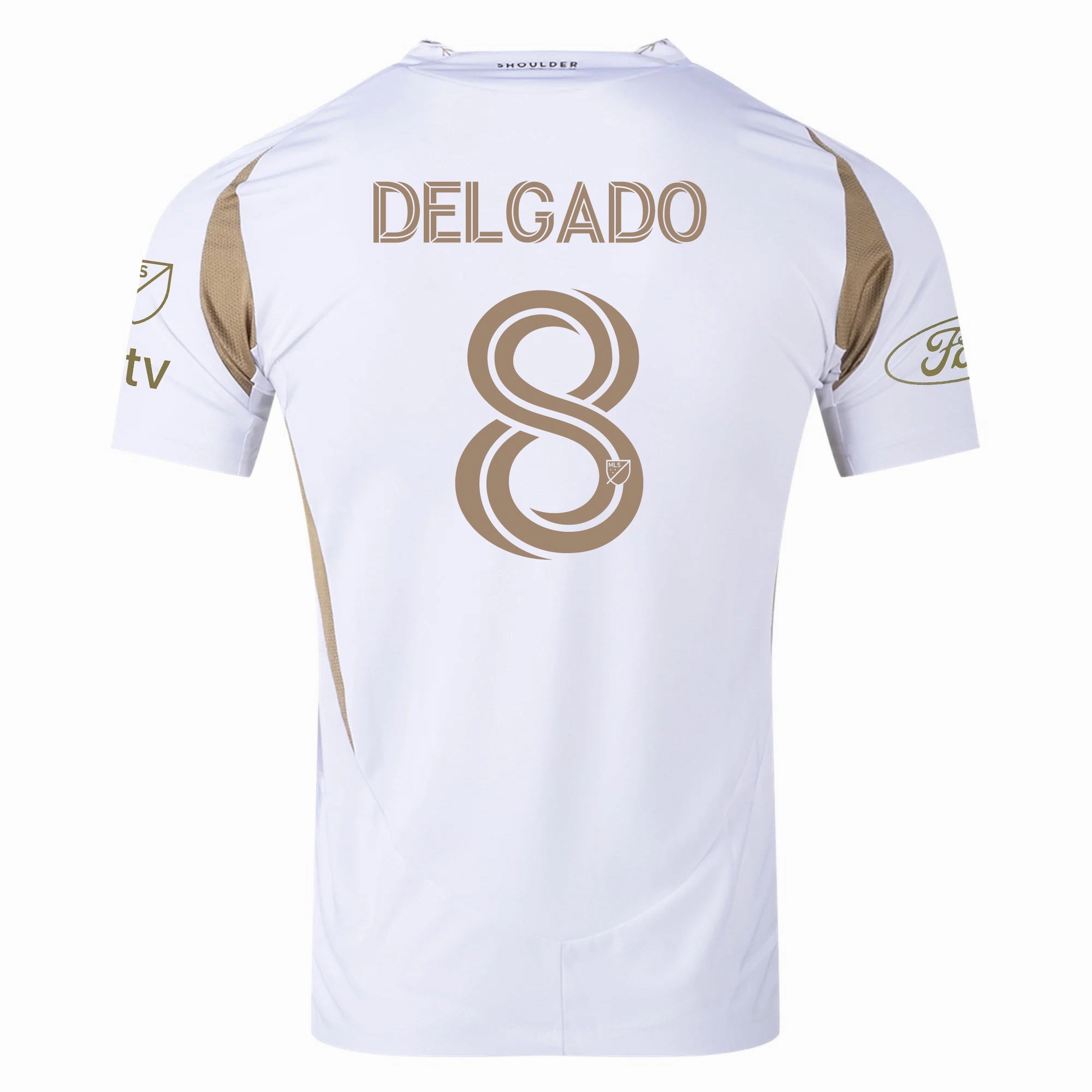 adidas Mark Delgado LAFC Authentic Away Jersey w/ MLS   Apple   Ford Logo 25/26 (White/Gold) Quick Evaporation Knit Eco Conscious Manufacturing