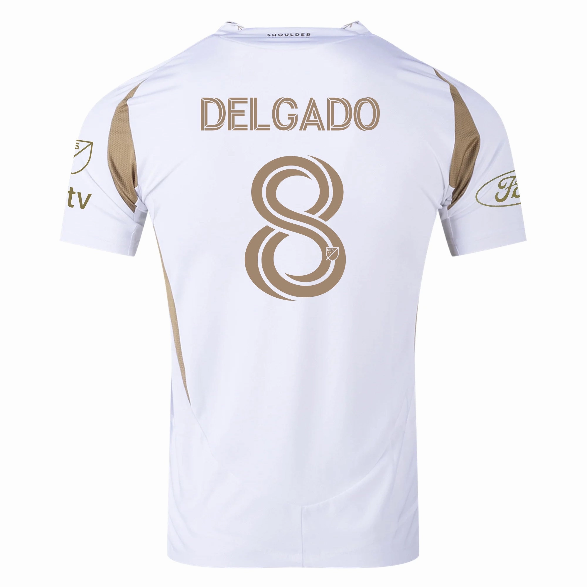 adidas Mark Delgado LAFC Authentic Away Jersey w/ MLS   Apple   Ford Logo 25/26 (White/Gold) Dynamic Performance Feel Good Fit