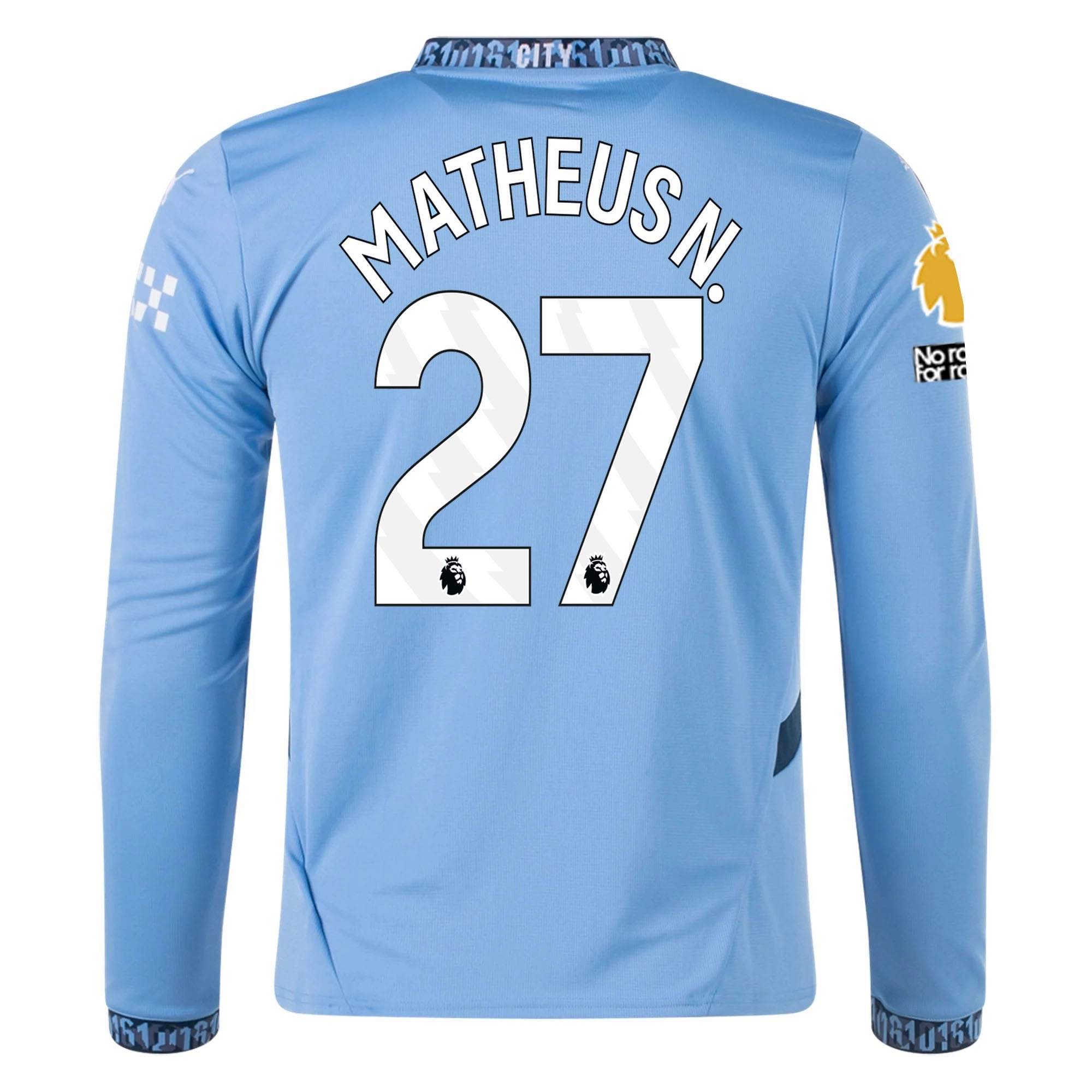 Puma Manchester City Matheus Nunes Home Long Sleeve Jersey w/ EPL   No Room For Racism Patch 24/25 (Team Light/Marine Blue) Abrasion Resistant Surface Chill Days