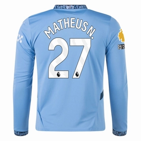 No Bulk Relaxed Silhouette Puma Manchester City Matheus Nunes Home Long Sleeve Jersey w/ EPL   No Room For Racism Patch 24/25 (Team Light/Marine Blue)