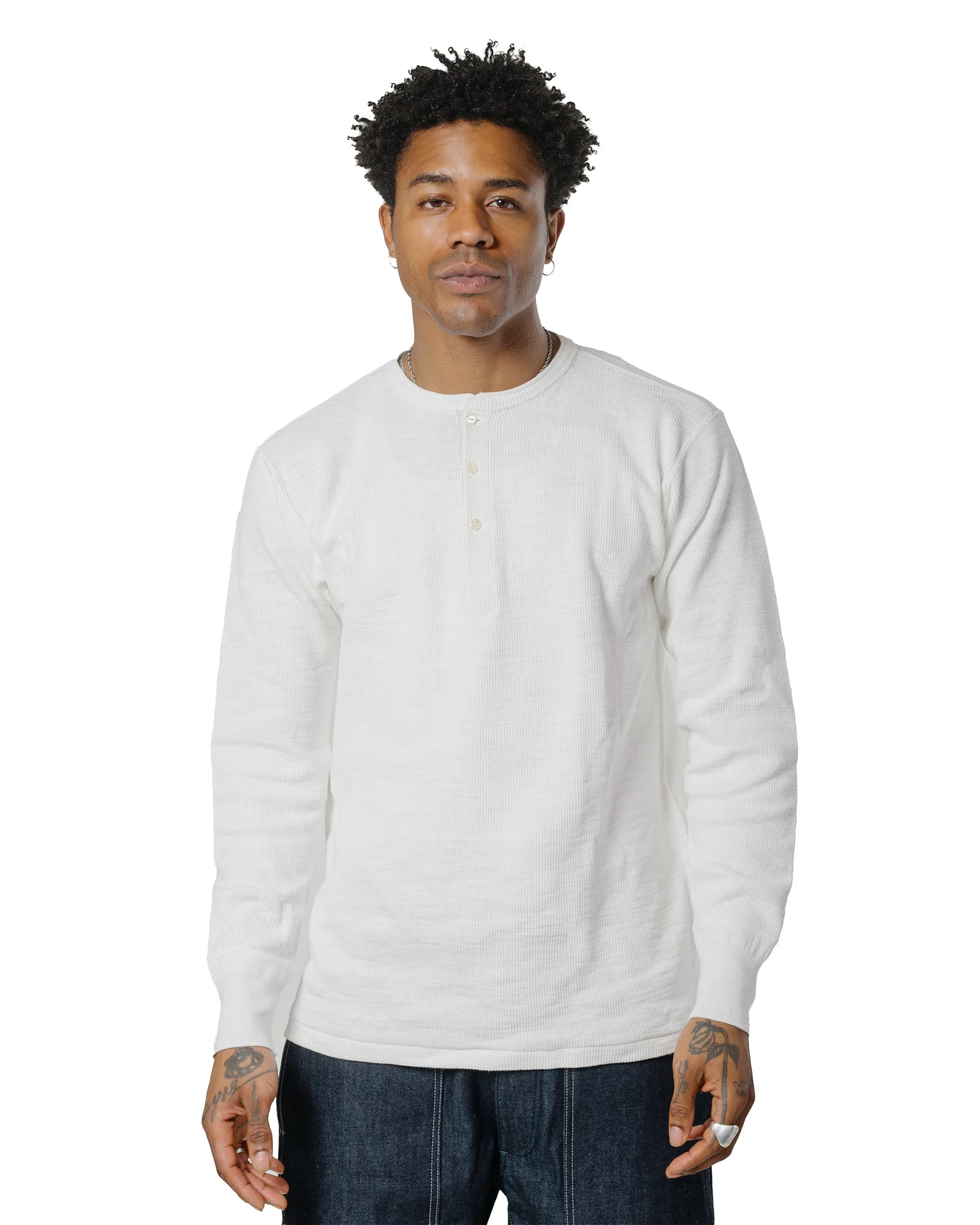 Backpacking Essential The Real McCoy's MC22120 Western Cardigan Stitch Henley Shirt White