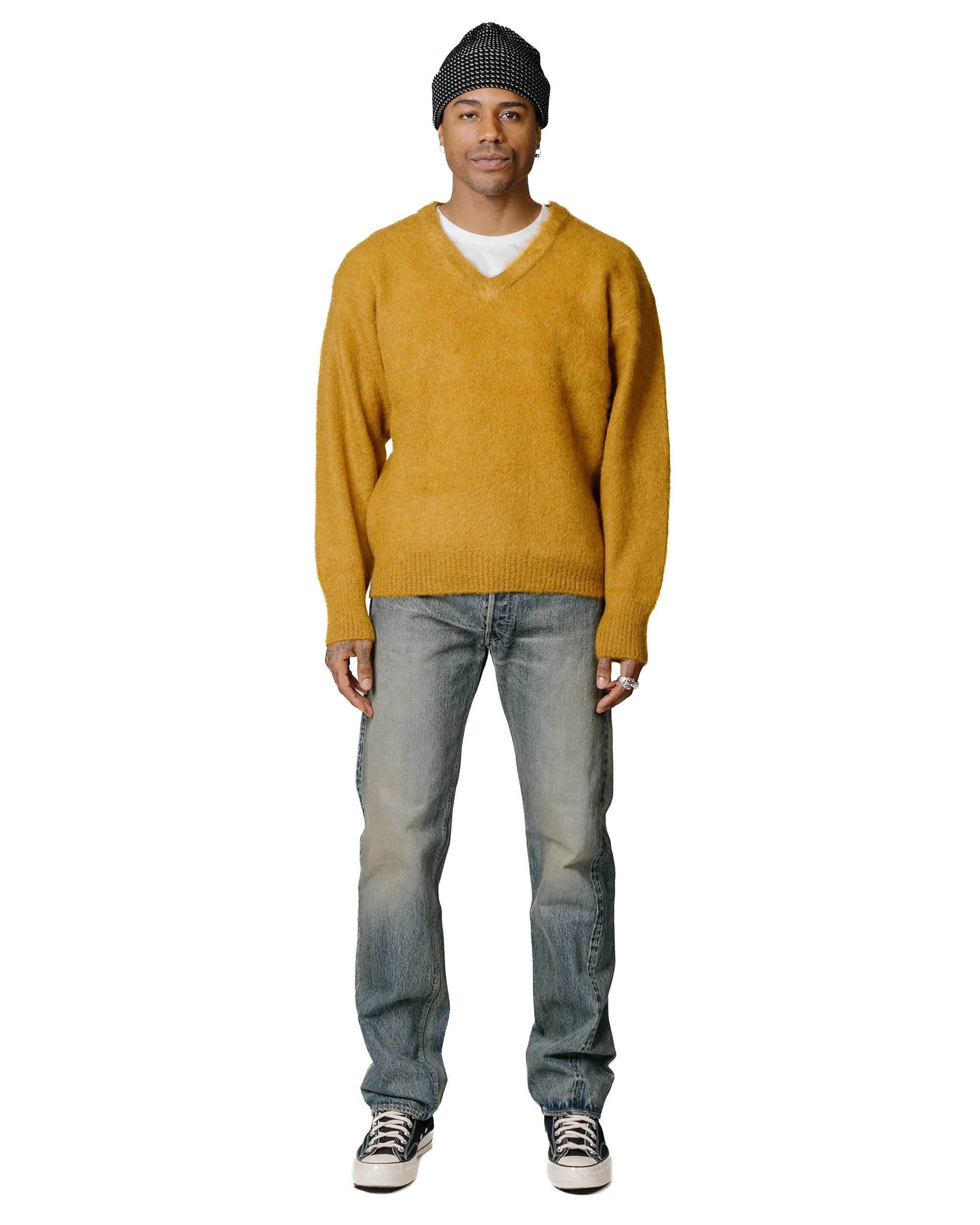 Minimalist Style Geometric Print The Real McCoy's MC23109 JM Mohair V-Neck Sweater Mustard