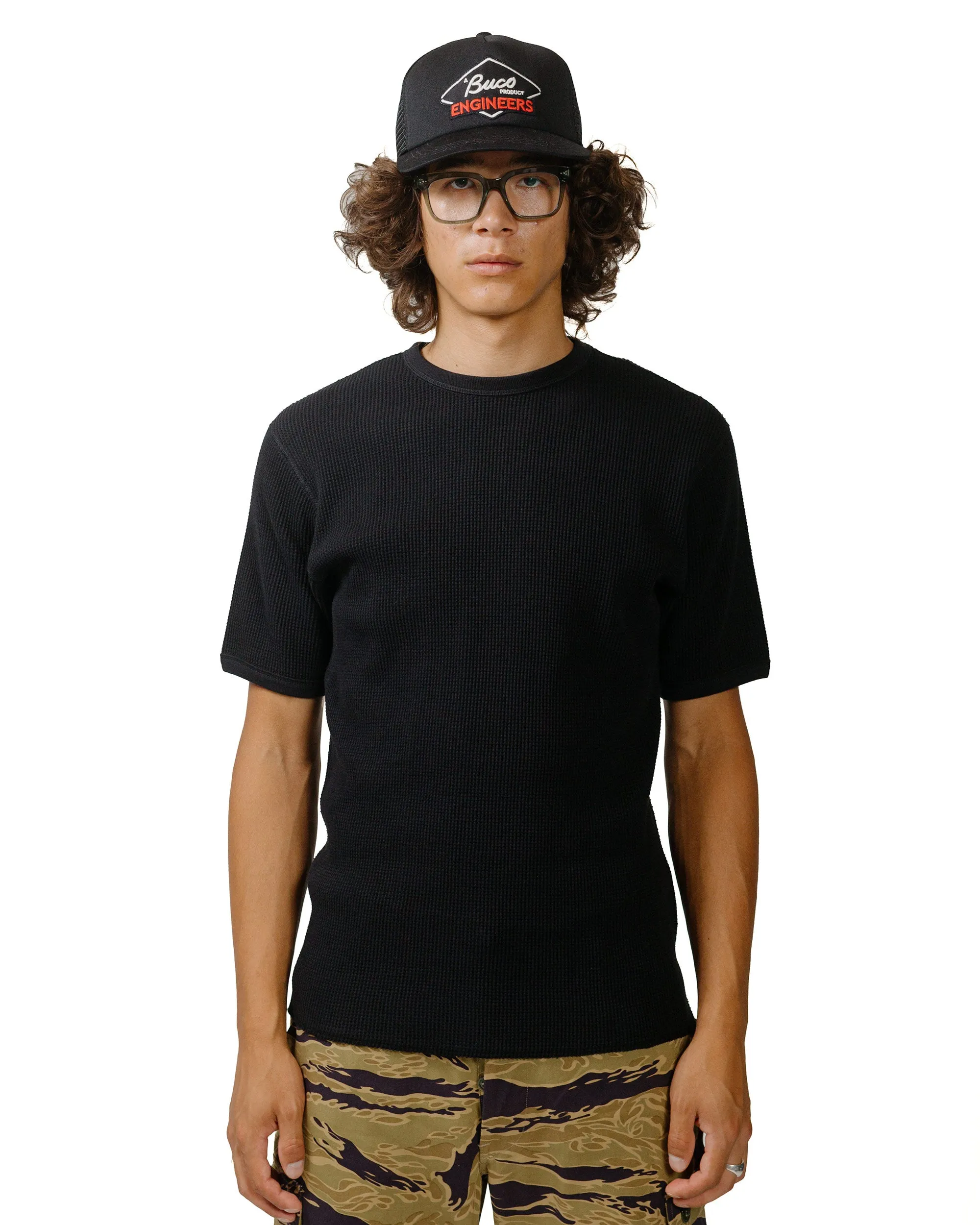 The Real McCoy's MC24018 Waffle Thermal Shirt S/S Black Long sleeved warmth Flatlock stitching