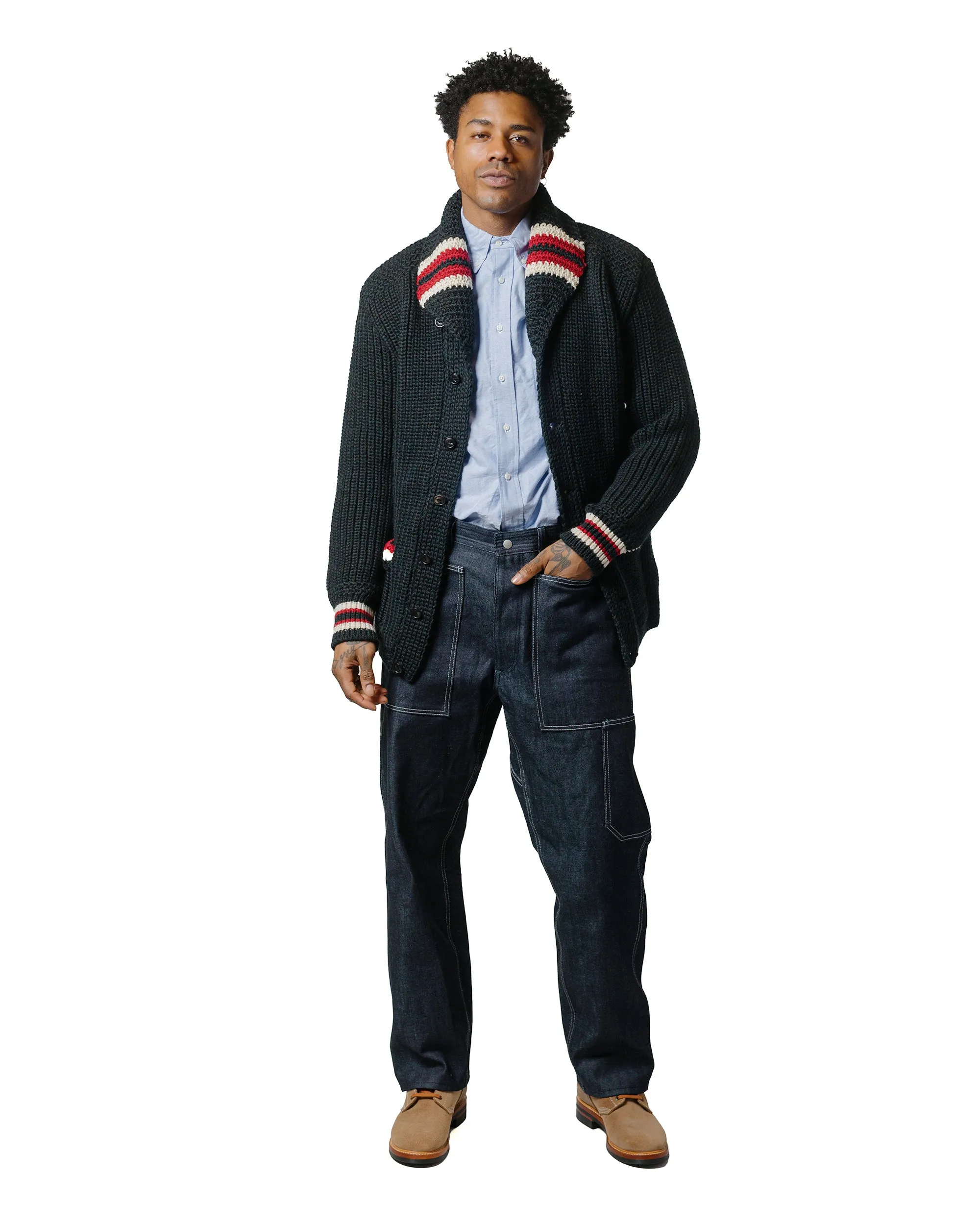 The Real McCoy's MC24111 Striped Shawl Collar Cardigan Charcoal Effortless Fashion Half sleeve
