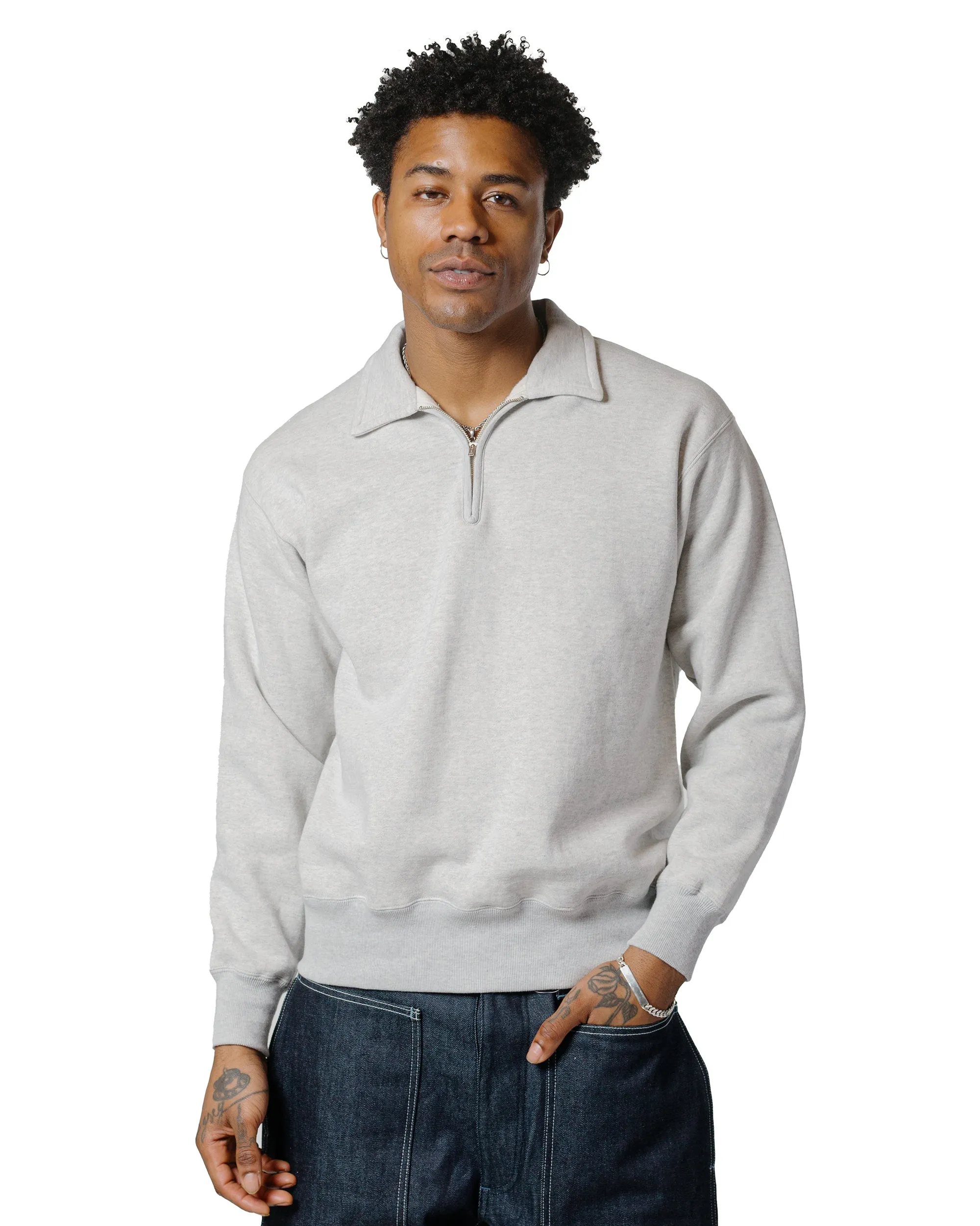 The Real McCoy??s MC24115 10 Oz. Loopwheel 1/4 Zip Sweatshirt Snow Gray Outdoor Layering