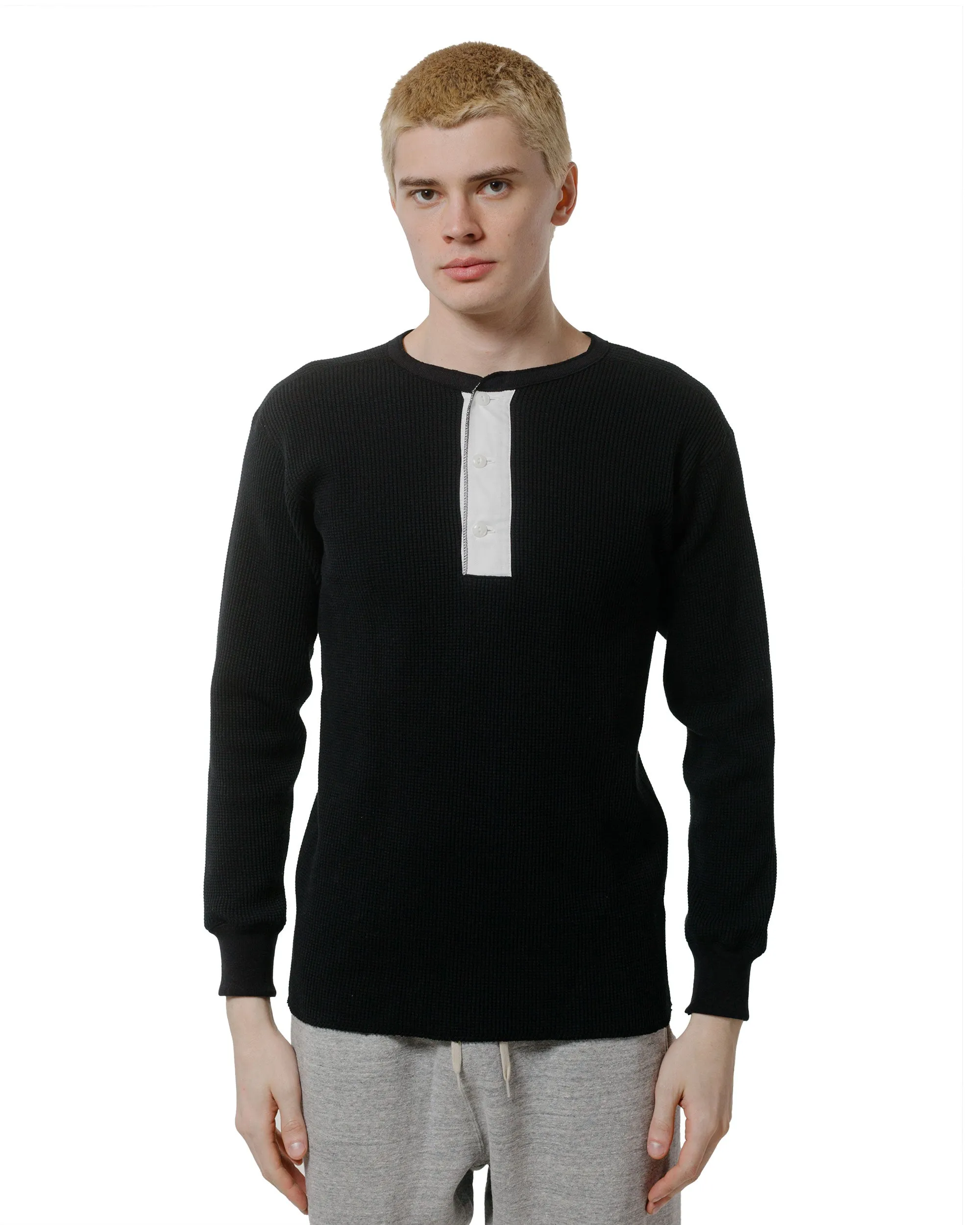 The Real McCoy's MC24122 Waffle Thermal Henley Undershirt L/S Black Home Relaxation Chill Layer