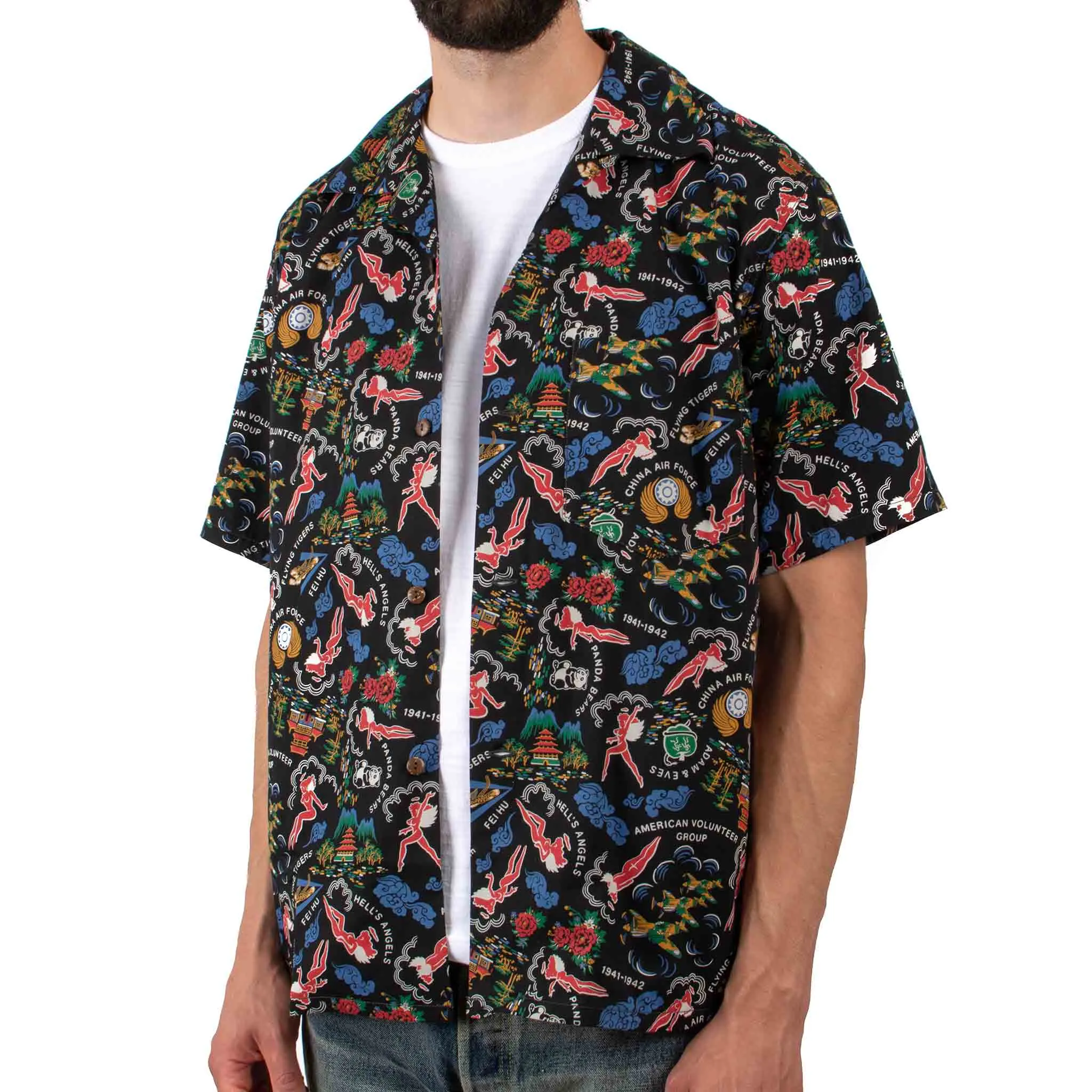 The Real McCoy's MS21002 Cotton Hawaiian Shirt / Flying Tigers Black Unisex Option Anti Pilling Finish
