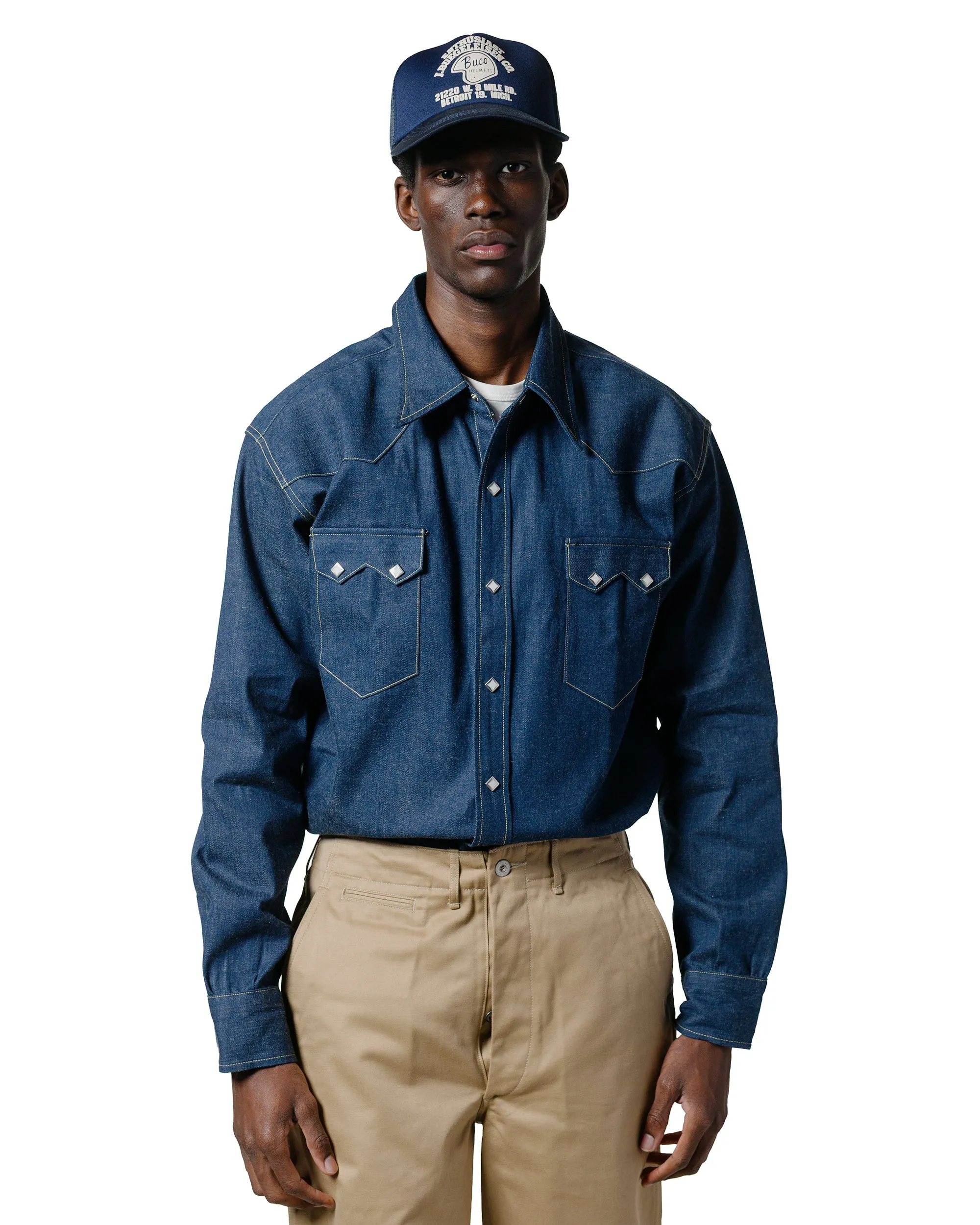 The Real McCoy's MS22003 Denim Western Shirt / Sawtooth Indigo High Neck Wardrobe Staple