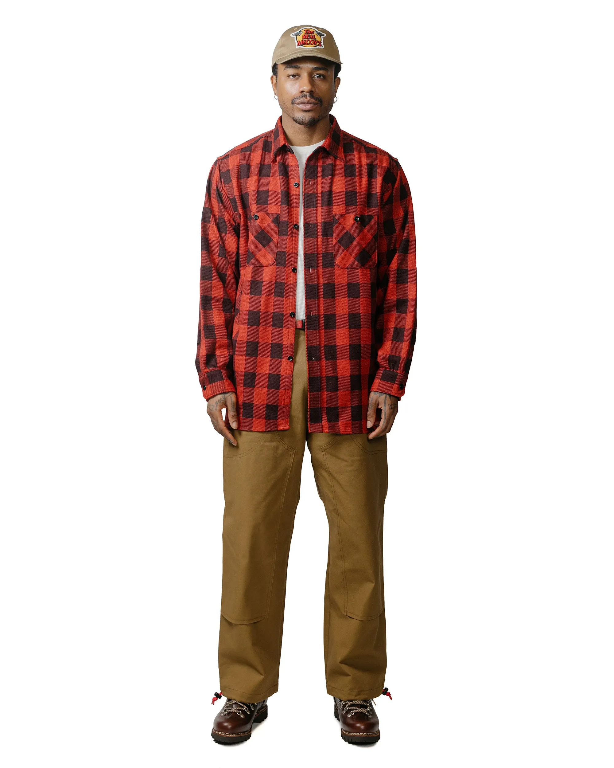 The Real McCoy's MS23104 8HU Twisted-Yarn Buffalo Check Flannel Shirt Red/Black Adjustable Cuff Closure
