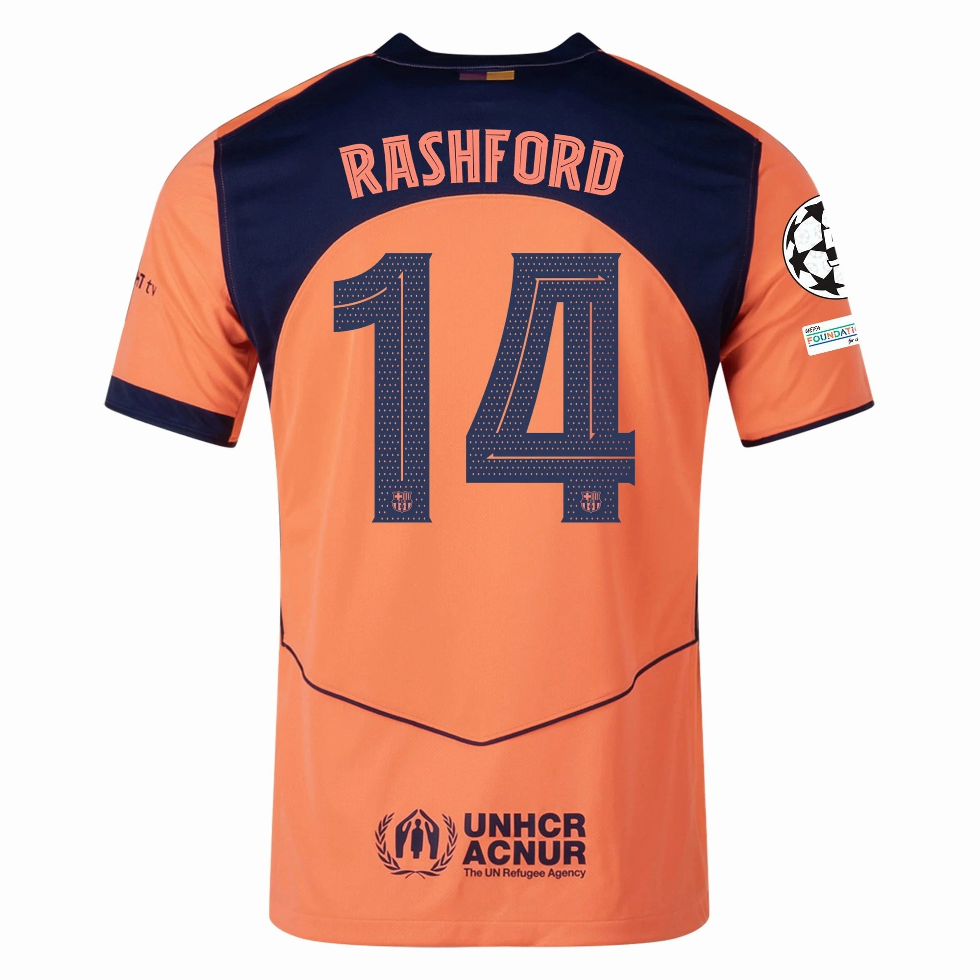 Nike Rashford Men's FC Barcelona T90 Third Jersey 25/26 w/ Champions League Patches (Mango/Navy) Anti Pilling Finish Soft touch finish