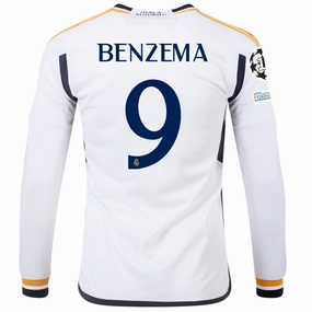 adidas Real Madrid Long Sleeve Karim Benzema Home Jersey w/ Champions League   Club World Cup Patches 23/24 (White) Ergonomic Articulated Sleeve Eco Friendly Fabric Blends
