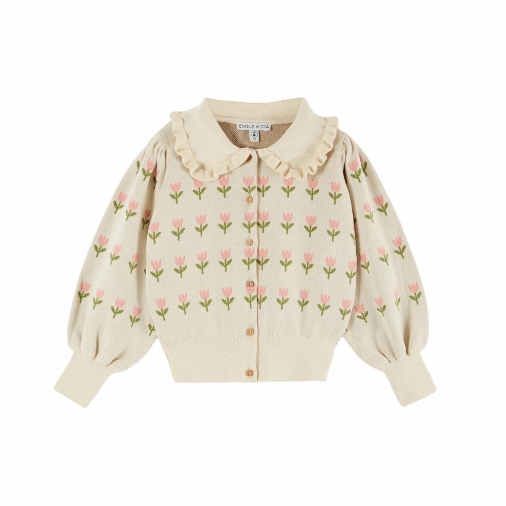 Roll up sleeves Emile et Ida Flower Cardigan, Ecru