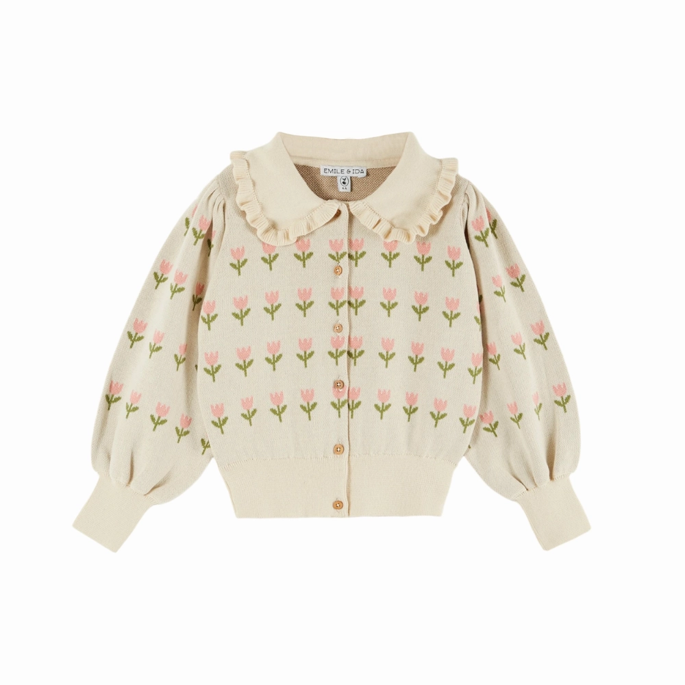 Emile et Ida Flower Cardigan, Ecru Two Way Zipper Wrinkle Free Fabric