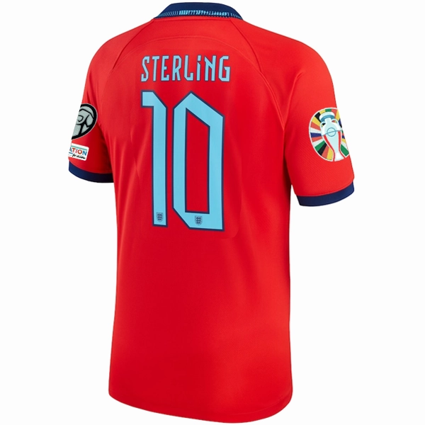 Zero Waste Manufacturing Process Four Way Stretch Nike England Raheem Sterling Away Jersey 22/23 w/ Euro Qualifier Patches (Challenge Red/Blue Void)