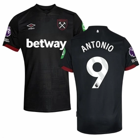 Drop Shoulder Fit Non Restrictive Silhouette Umbro West Ham Michail Antonio Away Jersey w/ EPL   No Room For Racism Patches 24/25 (Black)