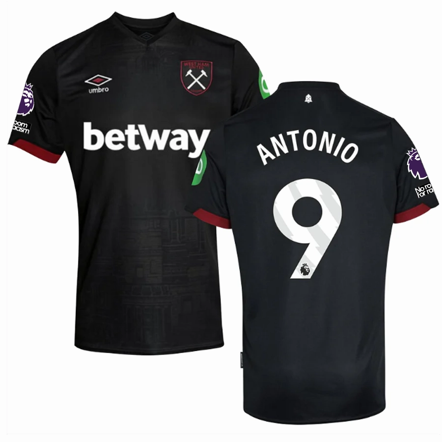 Drop Shoulder Fit Non Restrictive Silhouette Umbro West Ham Michail Antonio Away Jersey w/ EPL   No Room For Racism Patches 24/25 (Black)