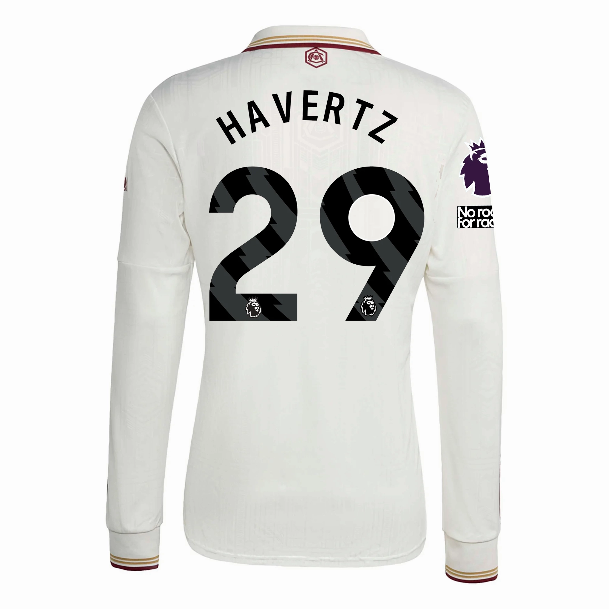 adidas Arsenal Kai Havertz Third Long Sleeve Jersey w/ EPL   No Room For Racism 25/26 (White/Burgundy) Breath Flow Ribbed Hem Detail