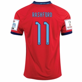 Stretch Knit Technology Reflective accents Nike England Marcus Rashford Away Jersey 22/23 w/ World Cup 2022 Patches (Challenge Red/Blue Void)