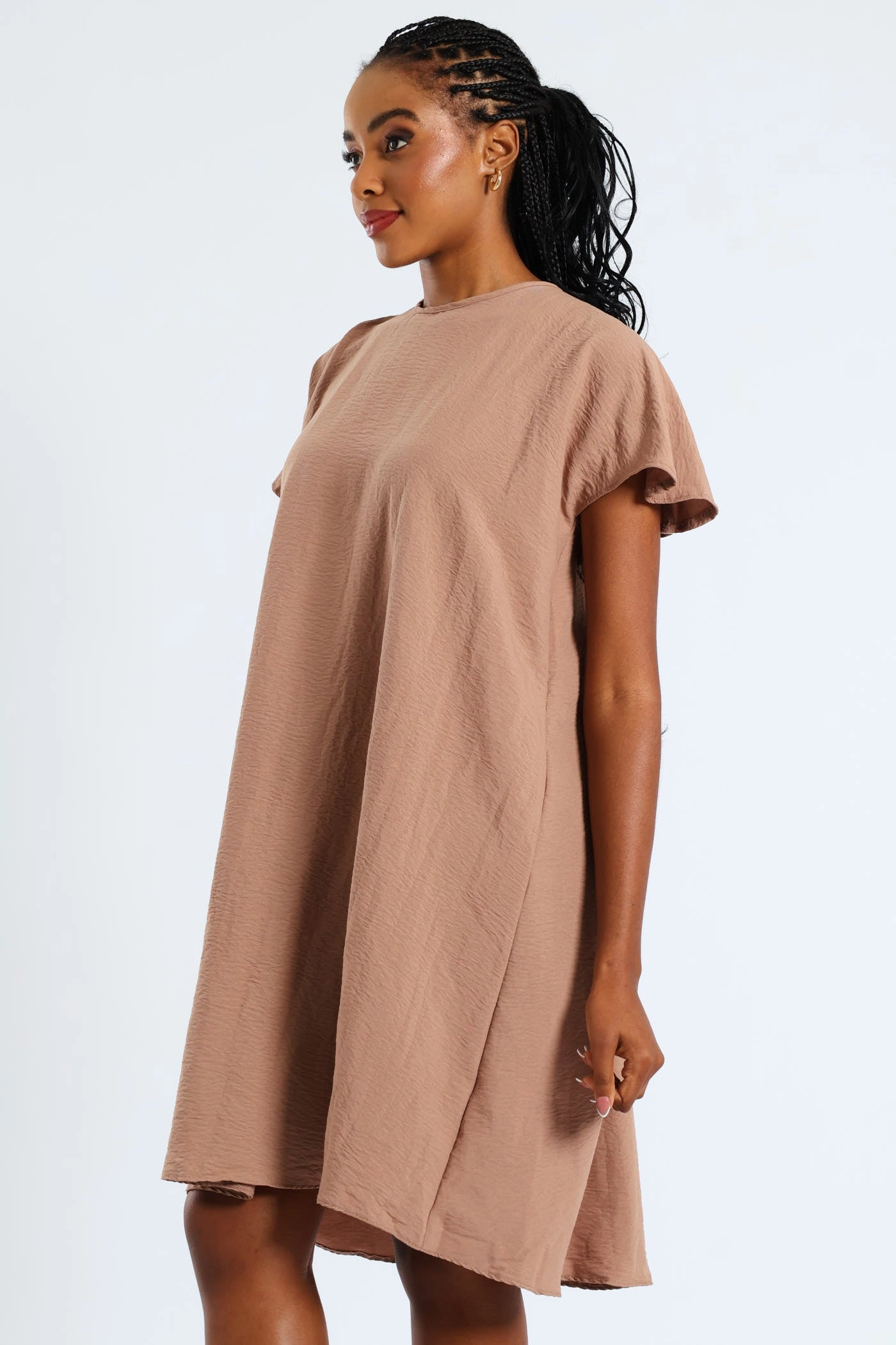 Tie-Back Frill Cape Swing Mini Dress - Taupe Neutral Finish Pure Shape