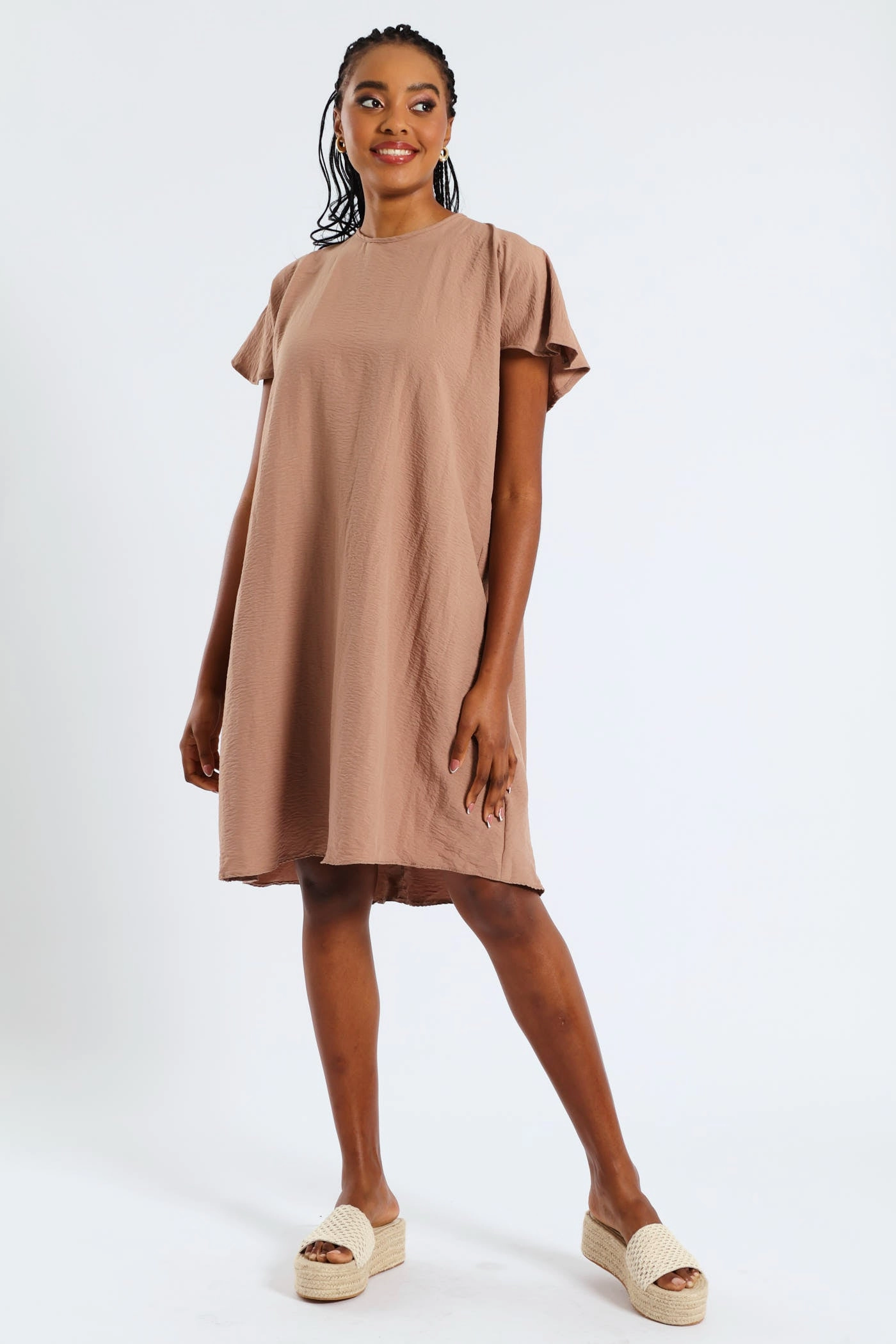 Daytime Mood Curve Friendly Tie-Back Frill Cape Swing Mini Dress - Taupe