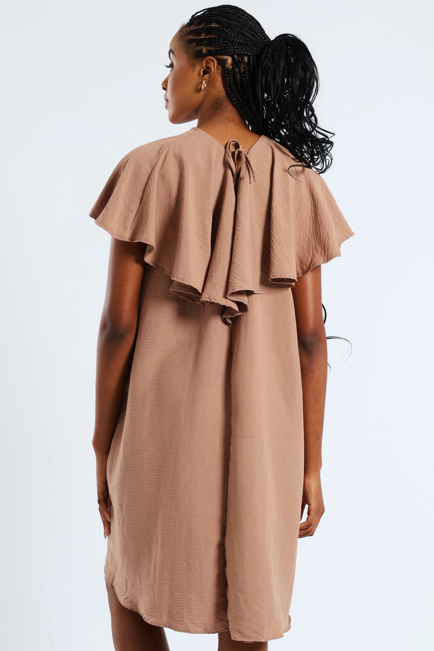 Texture Rich Airy Silk Tie-Back Frill Cape Swing Mini Dress - Taupe