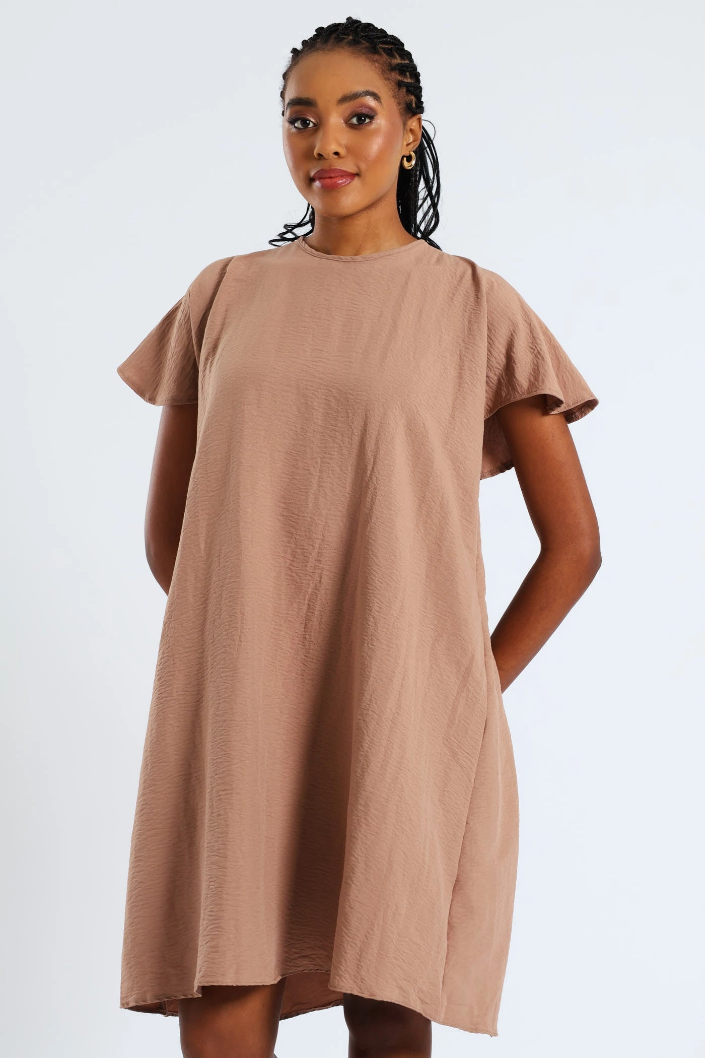 Tie-Back Frill Cape Swing Mini Dress - Taupe Sunny Lace Move Easy