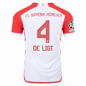 adidas Bayern Munich Authentic Matthijs de Ligt Home Jersey w/ Champions League Patches 23/24 (White/Red) Bold Lettering