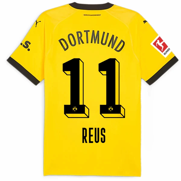 Durable Double Stitched Seams Weekend Wear Puma Borussia Dortmund Authentic Marco Reus Home Jersey w/ Bundesliga Patch 23/24 (Cyber Yellow/Puma Black)