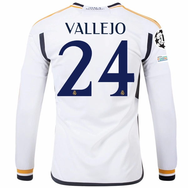 Flexible Shoulder Gusset Dry Layer adidas Real Madrid Long Sleeve Jesus Vallejo Home Jersey w/ Champions League   Club World Cup Patches 23/24 (White)
