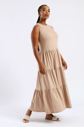 Clean Structure Rib Neck Tiered Cotton Midaxi Dress - Taupe