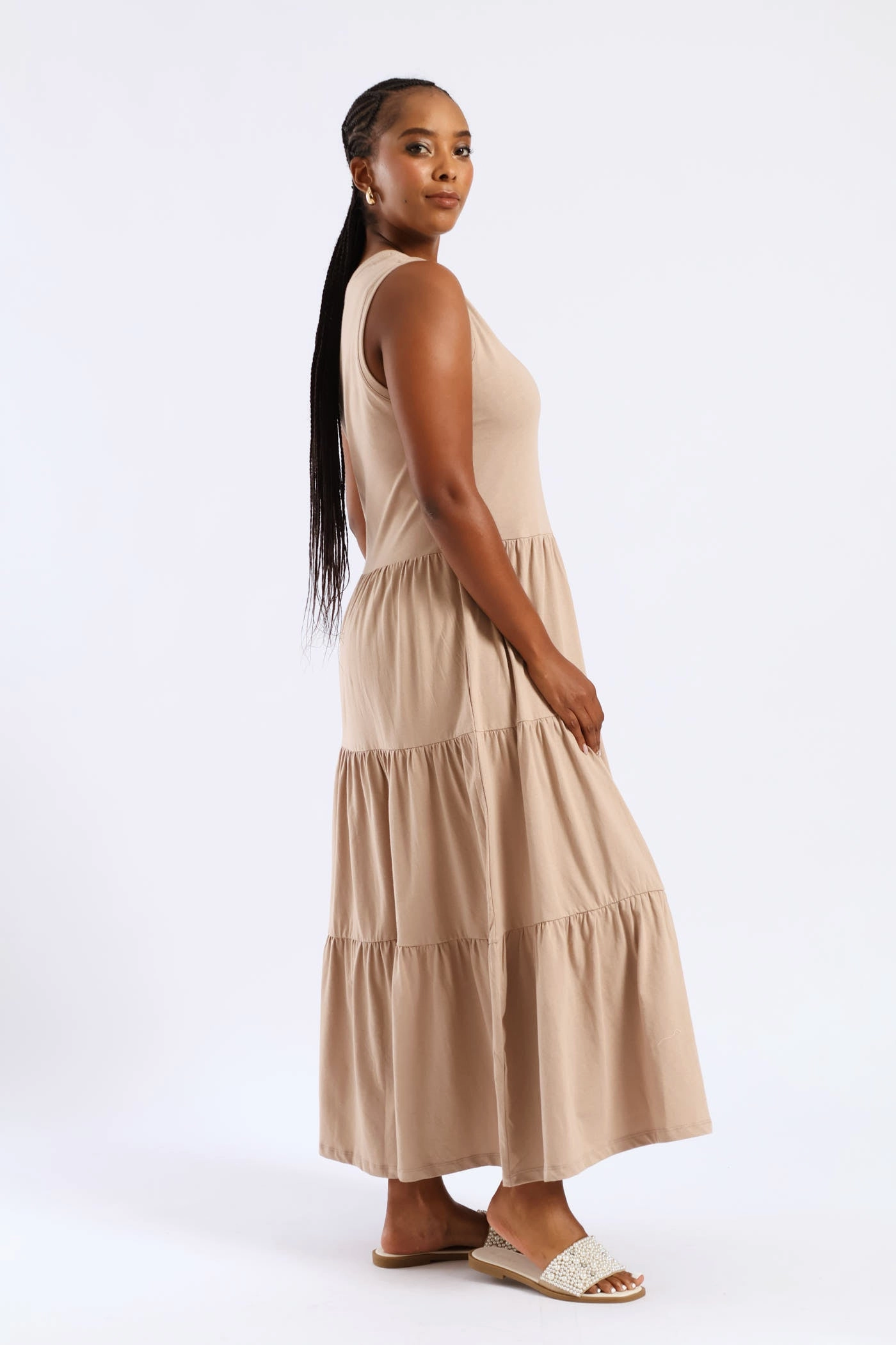 Ribbed-Texture Airy Weave Rib Neck Tiered Cotton Midaxi Dress - Taupe