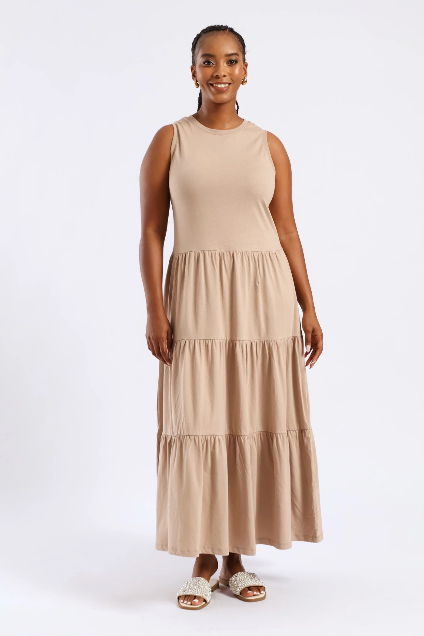 Rib Neck Tiered Cotton Midaxi Dress - Taupe Shimmer-Finish Classic Cut