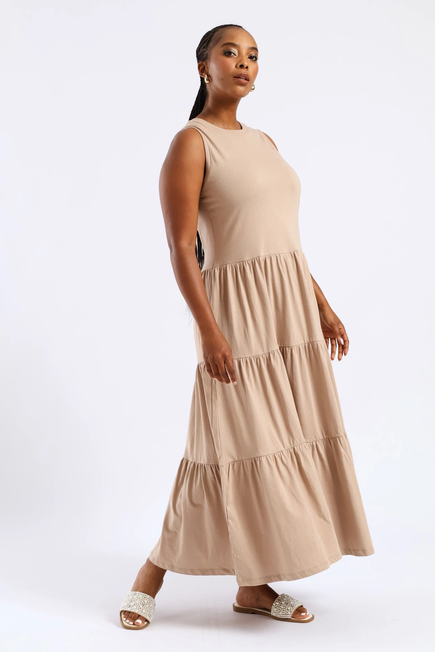 Clean Structure Rib Neck Tiered Cotton Midaxi Dress - Taupe
