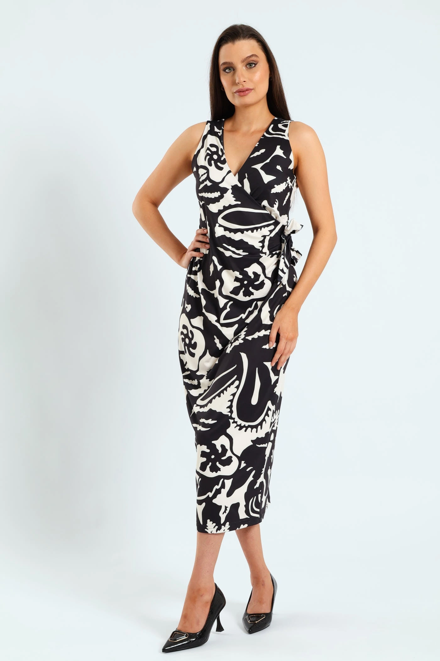Wrap Tie-Up Monochrome Midi Dress - Black/Cream Boat-Neck