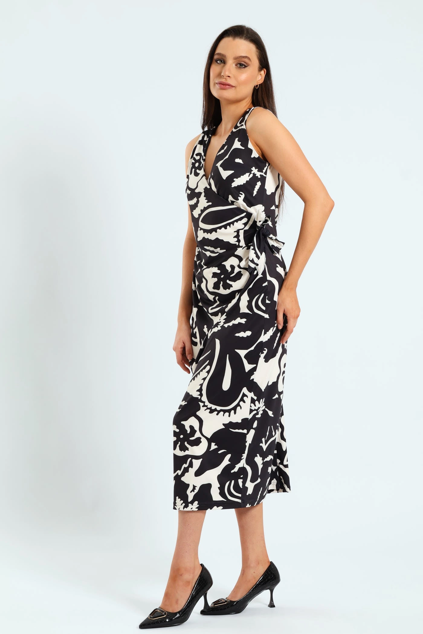 Chill Fashion Neutral Form Wrap Tie-Up Monochrome Midi Dress - Black/Cream
