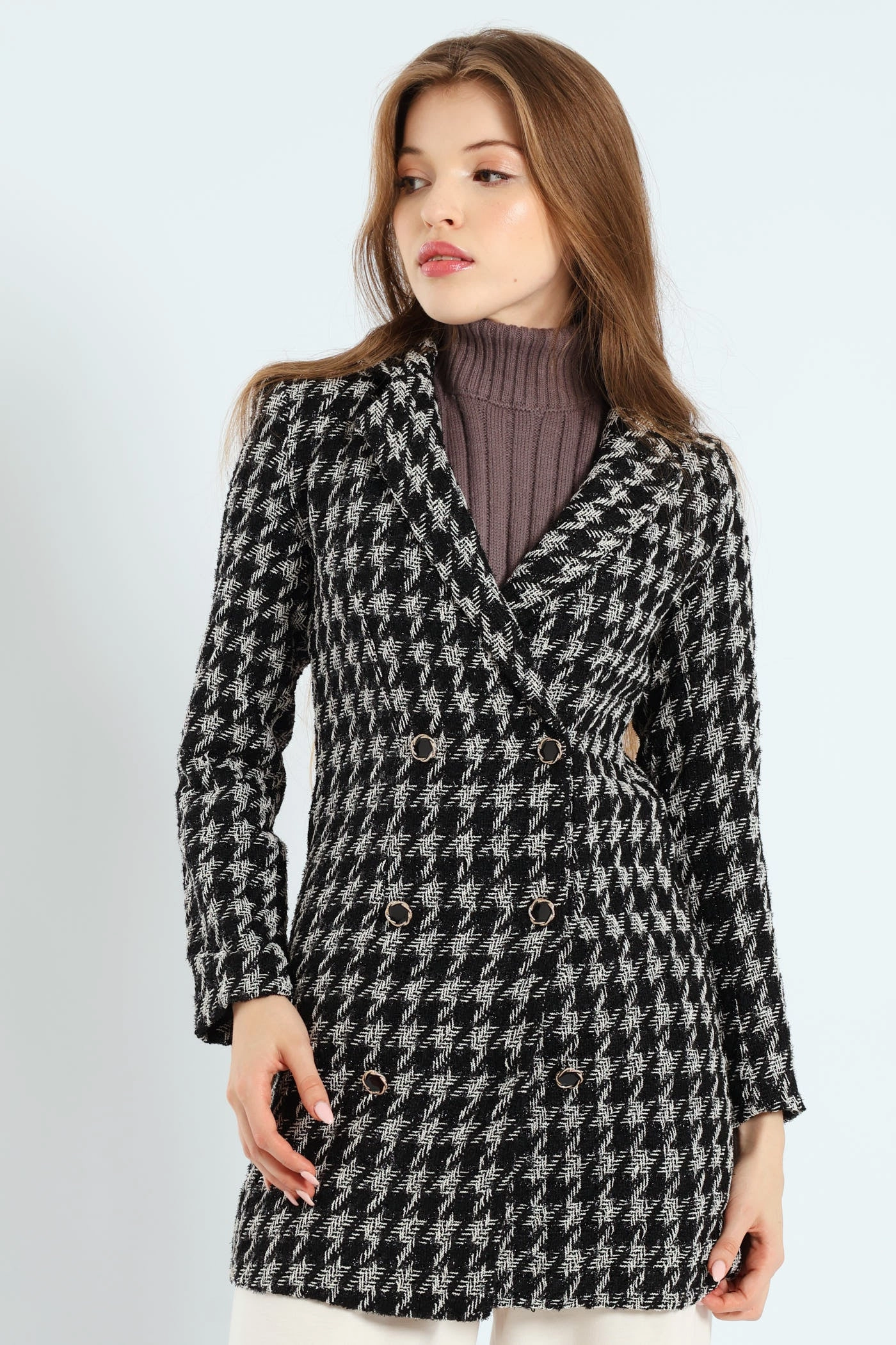 Tweed Houndstooth Print Mini Dress - Black/White Visual Balance Soft Appeal