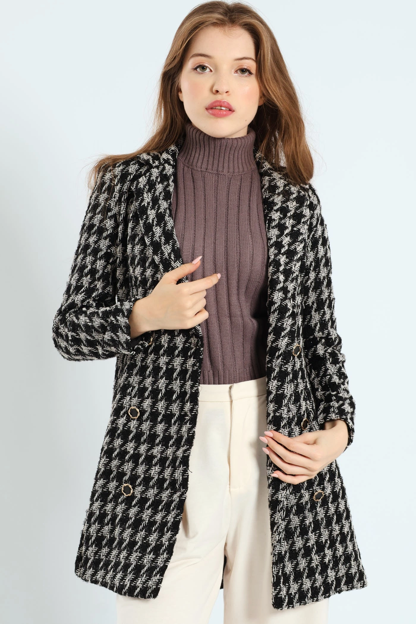 Tweed Houndstooth Print Mini Dress - Black/White Texture Blend Loose Flow
