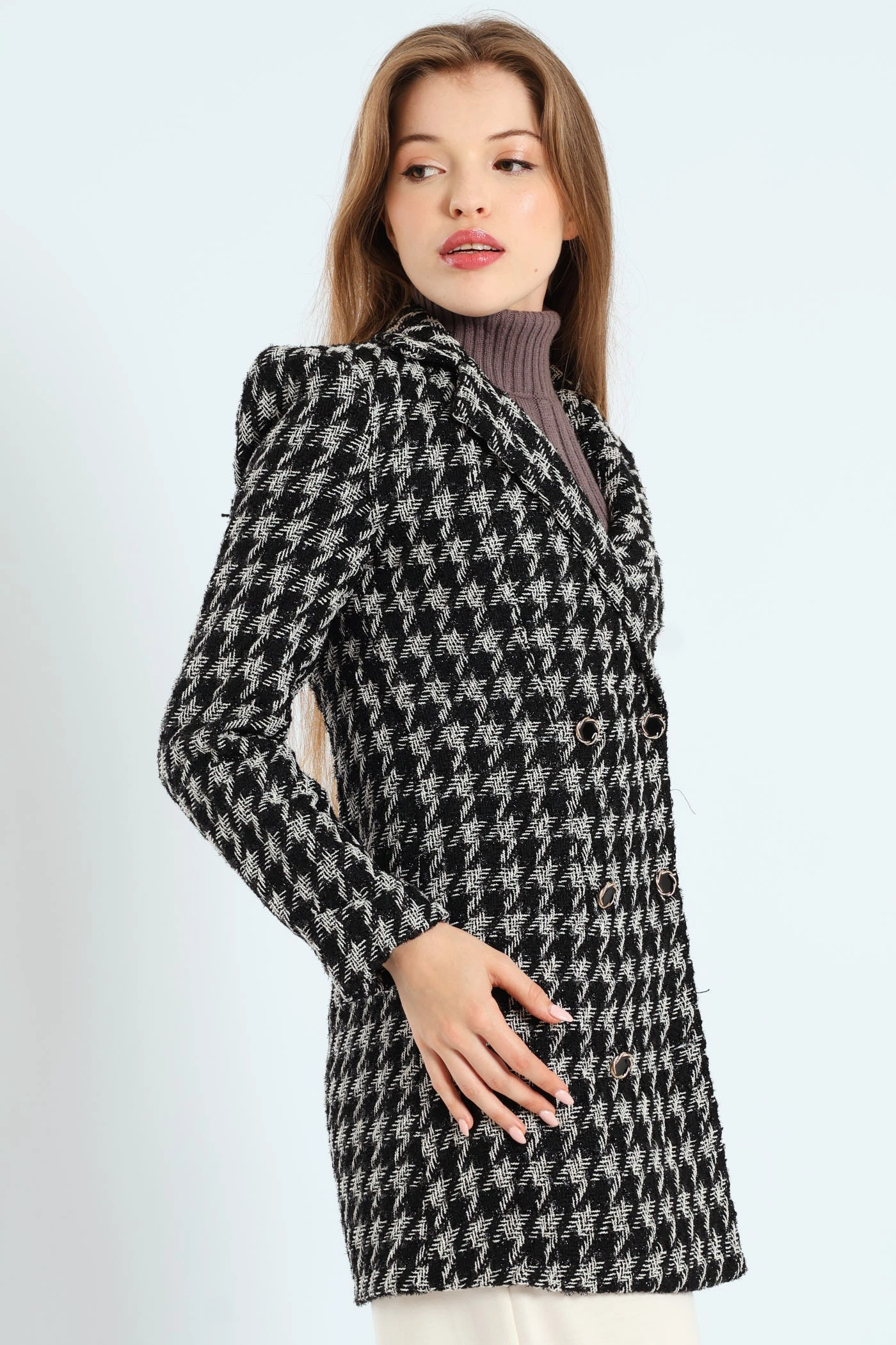 Calm Flow Romantic Mood Tweed Houndstooth Print Mini Dress - Black/White