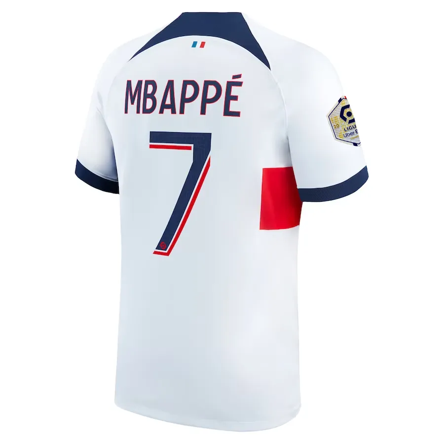 Quick Motion Non Slip Collar Nike Paris Saint-Germain Kylian Mbappe Away Jersey w/ Ligue 1 Patch 23/24 (White/Midnight Navy)