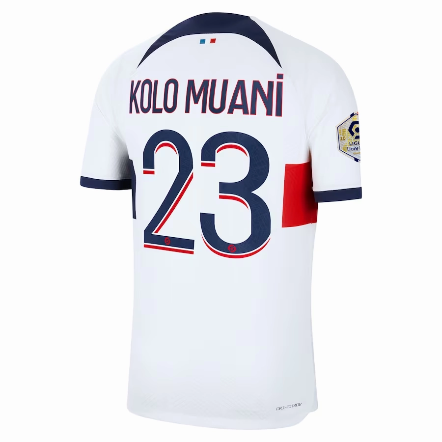 Nike Paris Saint-Germain Authentic Kolo Muani Hakimi Match Vaporknit Away Jersey w/ Ligue 1 Patch 23/24 (White/Midnight Navy) Non Chafing Neckline