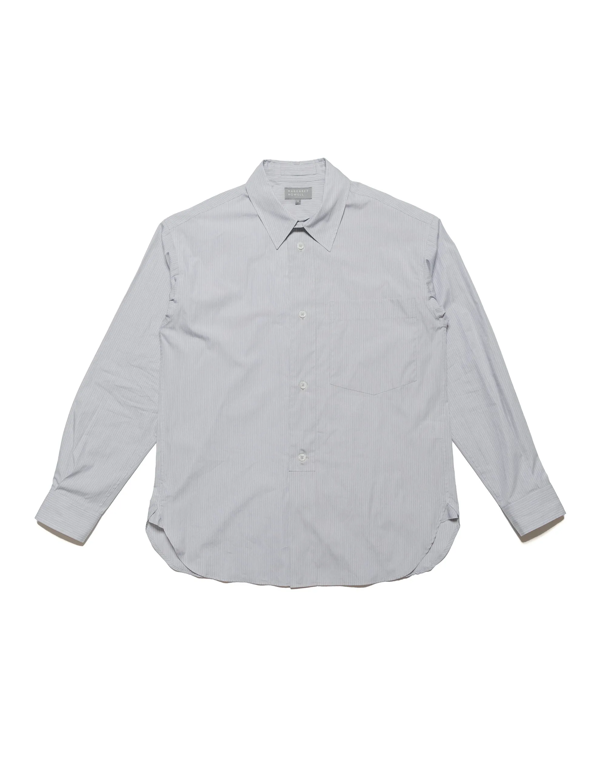 Festival Fashion Hooded Neckline Margaret Howell Half Placket Shirt Fine Stripe Cotton Poplin Grey/White