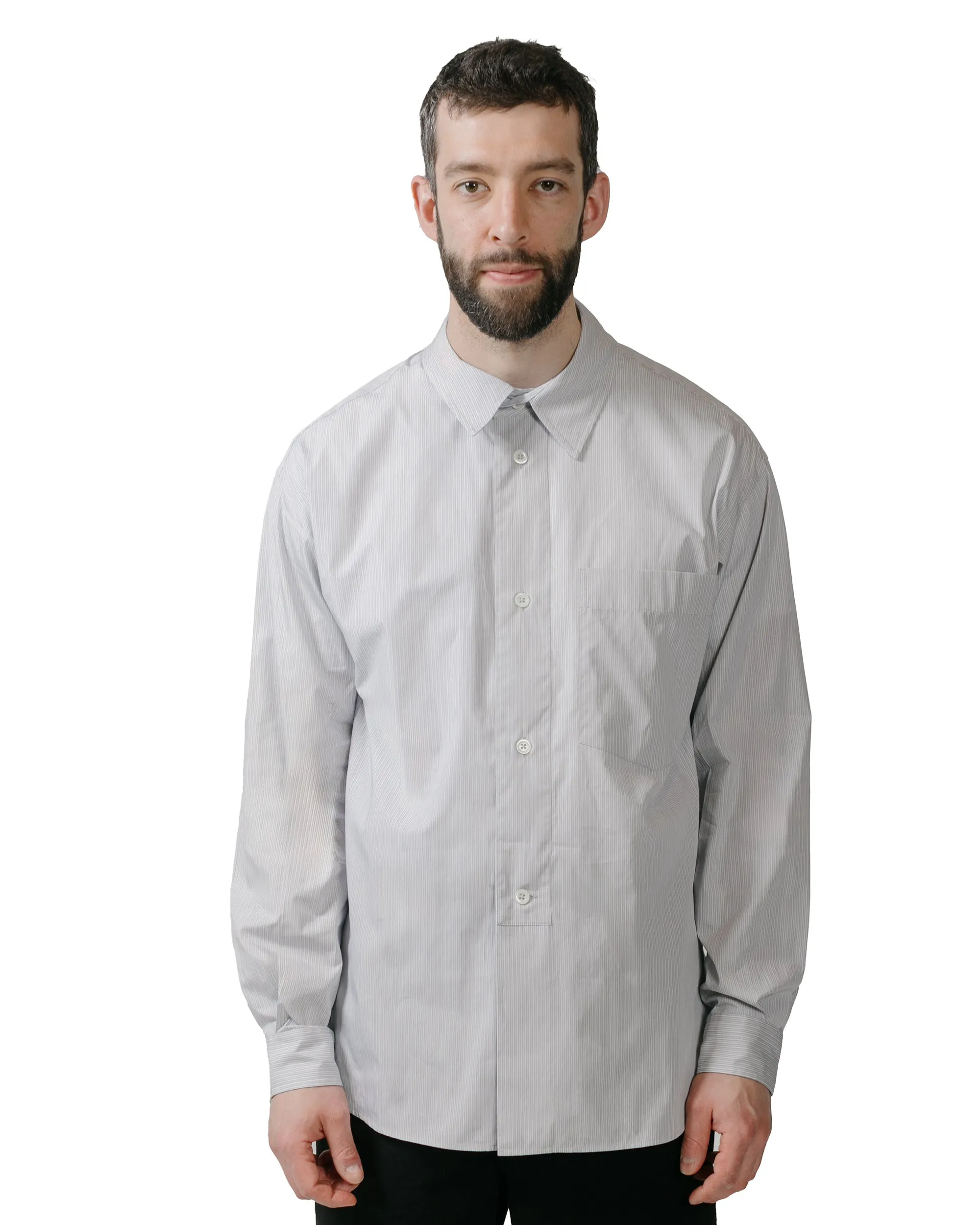 Button Down Design Margaret Howell Half Placket Shirt Fine Stripe Cotton Poplin Grey/White