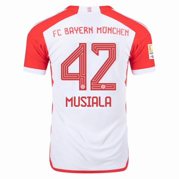 adidas Bayern Munich Authentic Jamal Musiala Home Jersey w/ Bundesliga Champions Patch 23/24 (White/Red) Anti Pilling Surface Treatment Precision Cut