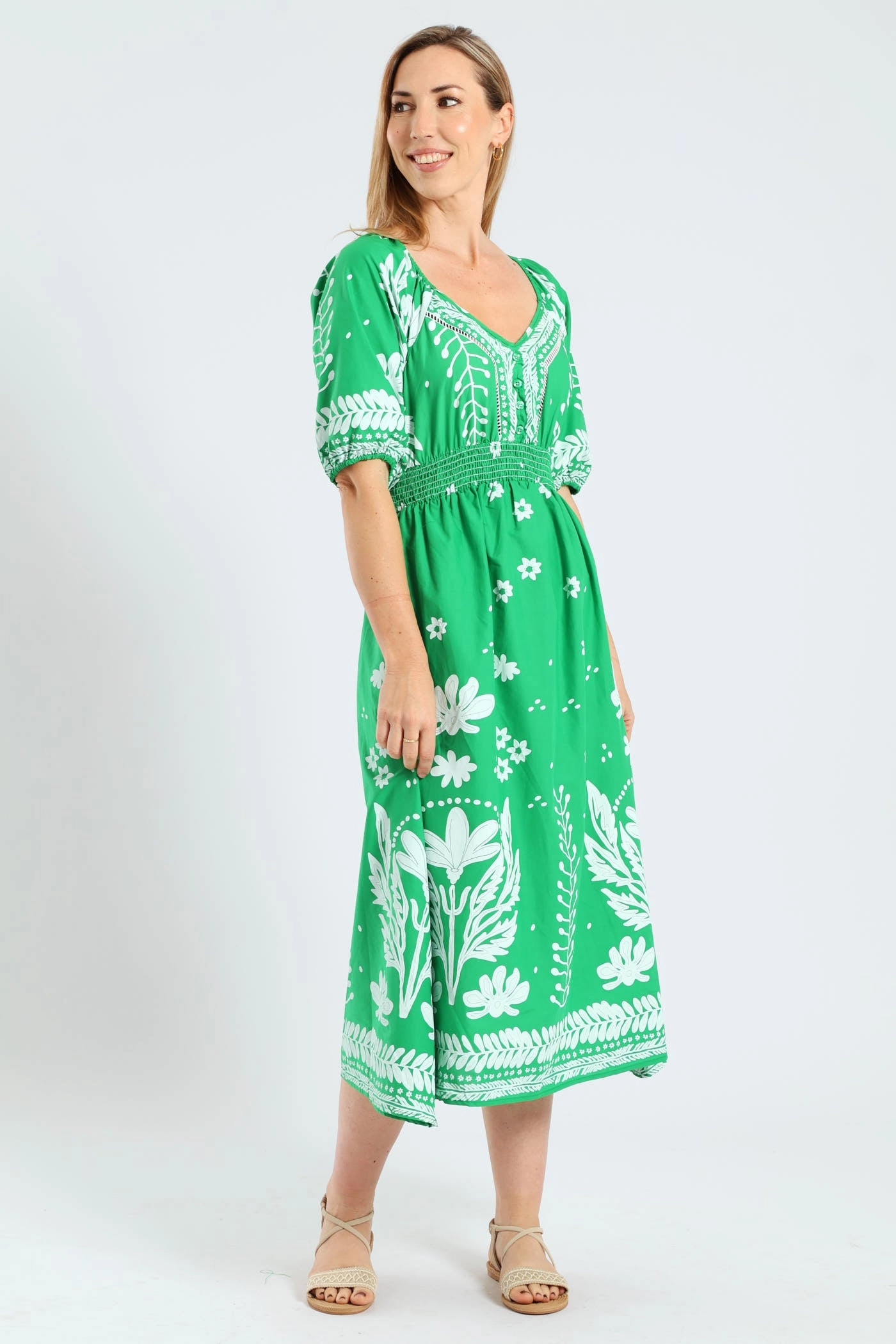 3/4 Sleeve V-Neck Border Print Midaxi Dress - Emerald Movement Friendly Romance Soul
